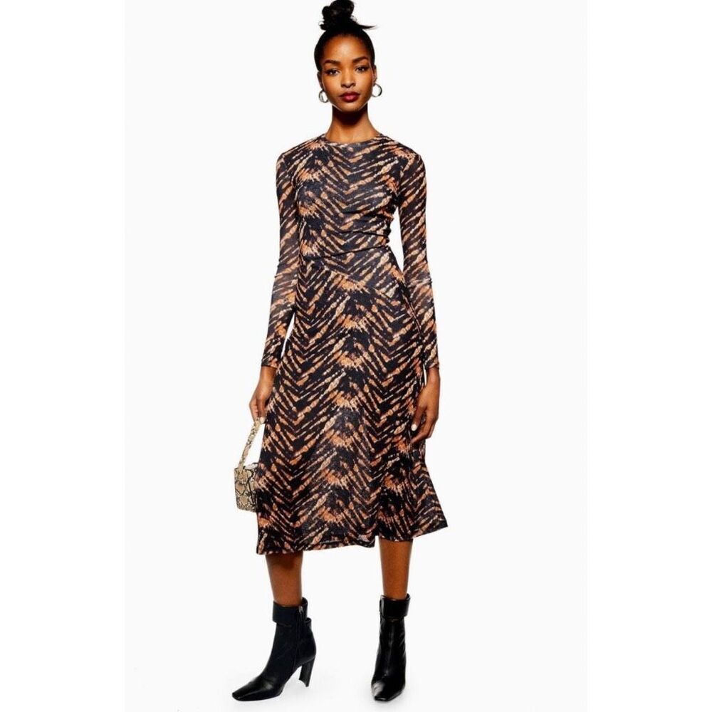 Topshop Tie Dye Mesh Midi Dress 2 Small Brown Black Long Sleeve Sheer Grunge Y2K